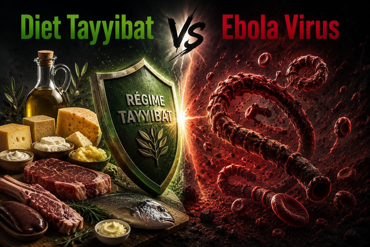 Tayyibat diet shield versus Ebola virus, lamb, olive oil, fish, aged cheese against the filovirus